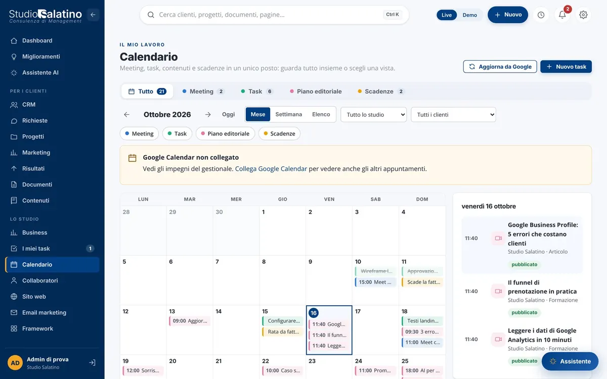 Calendario unico di meeting, task, piano editoriale e scadenze