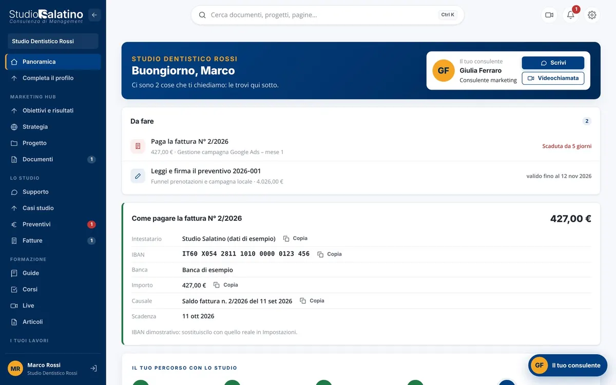 Lato cliente: la panoramica con le cose da fare, i pagamenti e il percorso con lo studio