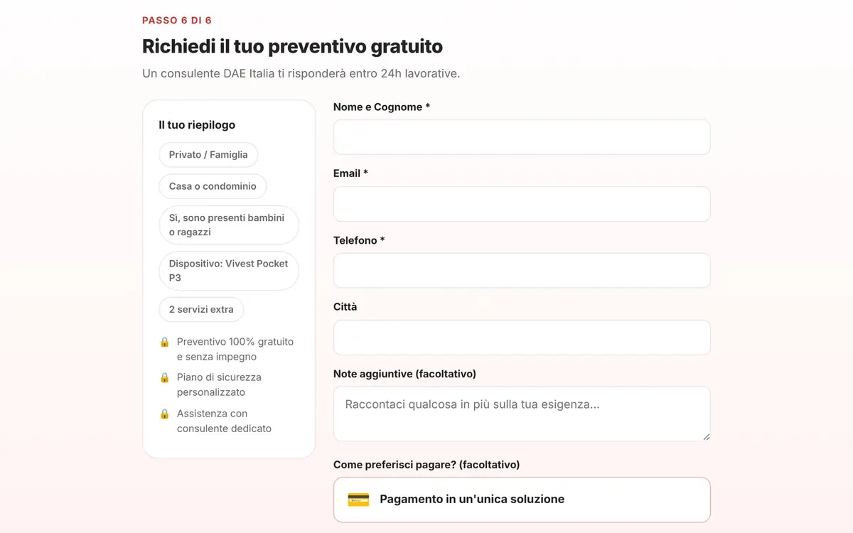 Richiesta del preventivo con il riepilogo delle scelte