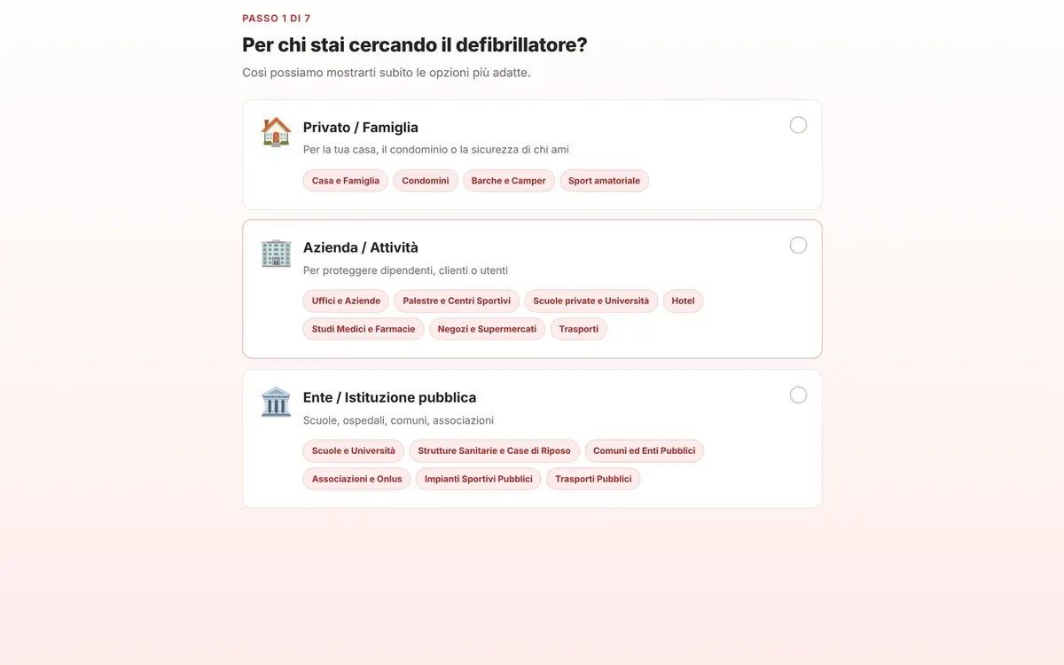 Primo passo del preventivo online di DAE Italia: per chi stai cercando il defibrillatore