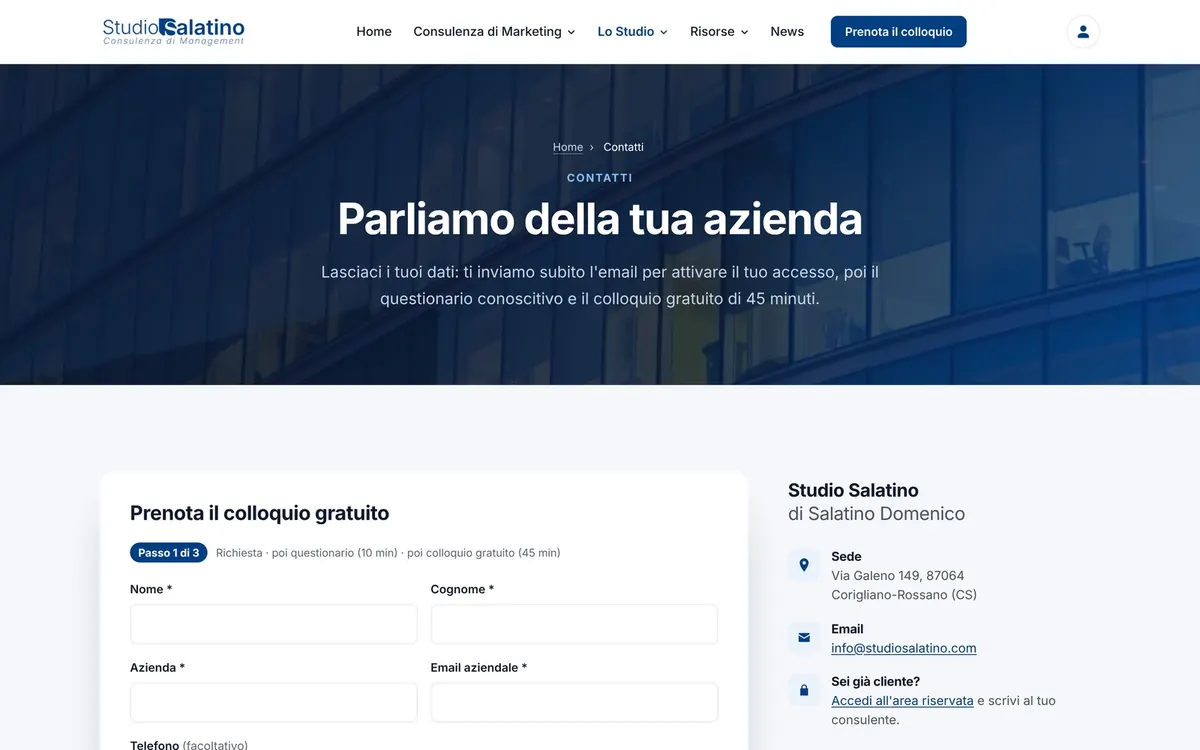 Contatti: modulo in tre passi con la richiesta inviata al gestionale